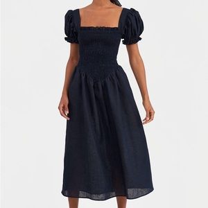 Sleeper 100% Linen Navy Blue Short Puff Sleeve Smocked Bodice V-Waist Midi Dress